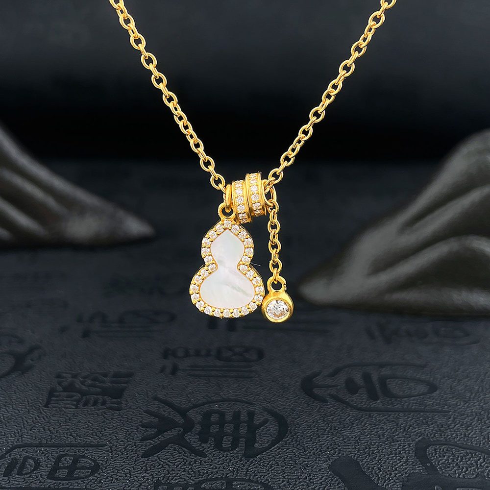 足金999 古法金实心可调节倒模天然贝母镶嵌莫桑石福禄呈祥葫芦跑环泡泡叠戴套链