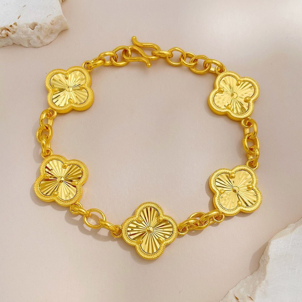 足金999.9 黄金半空心可调节CNC车花五花幸运四叶草手链